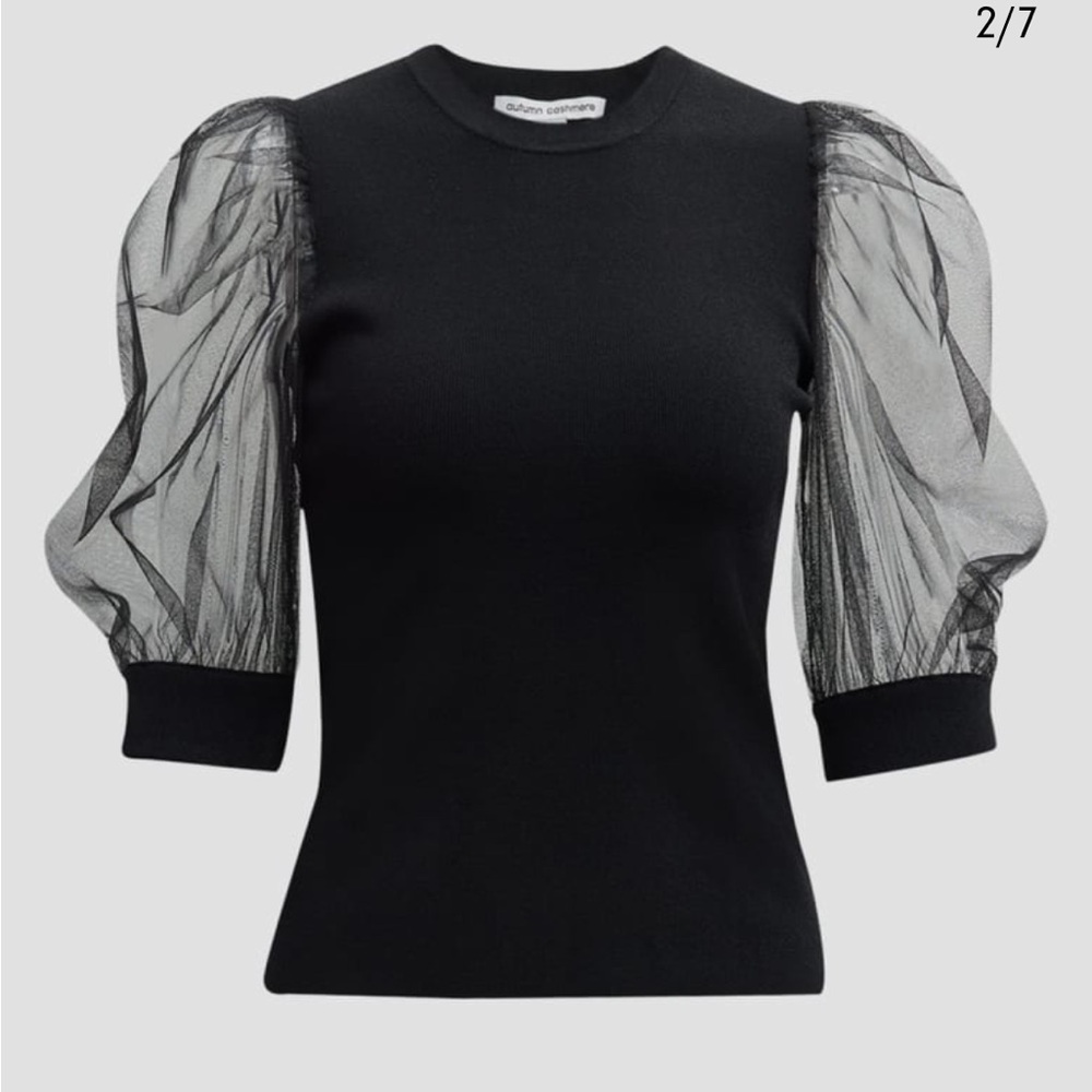 Autumn Cashmere Black Top with Sheer Sleeves